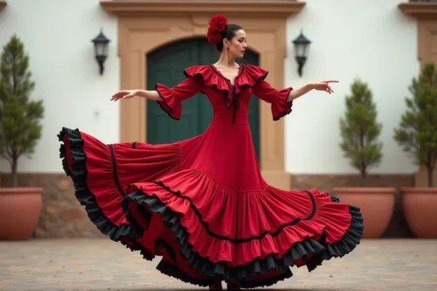 Danseuse de flamenco en robe rouge à volants dans les rues pavées de Séville, danse traditionnelle andalouse