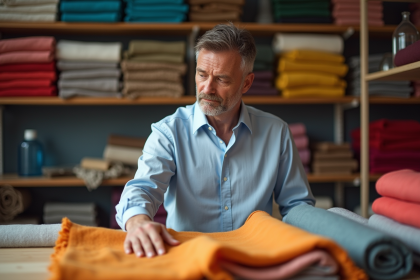 Designer mode inspectant des échantillons de tissus colorés en studio