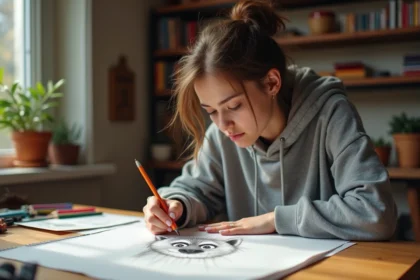 Artiste dessinant la hyène Ed du Roi Lion au crayon sur un bureau en bois dans un studio artistique cosy