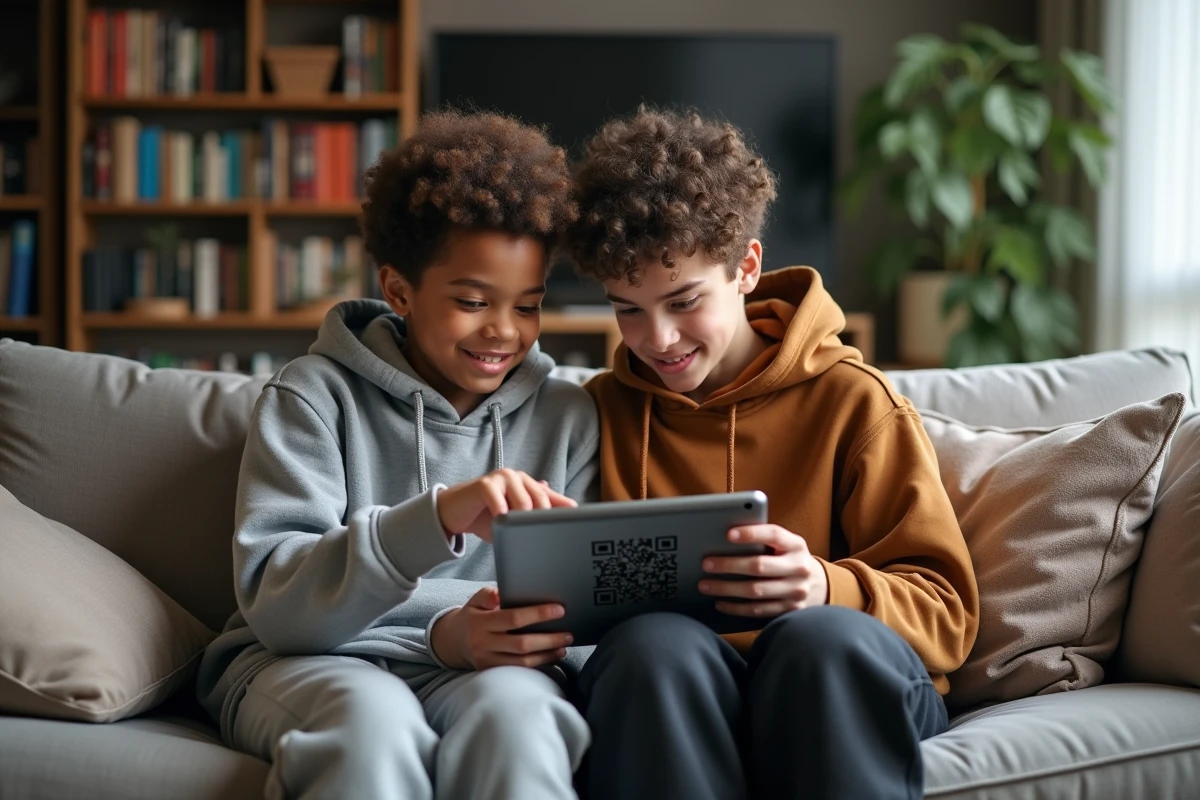 Deux adolescents qui scannent des QR codes Brawl Stars valides sur une tablette posée sur un canapé dans un salon moderne