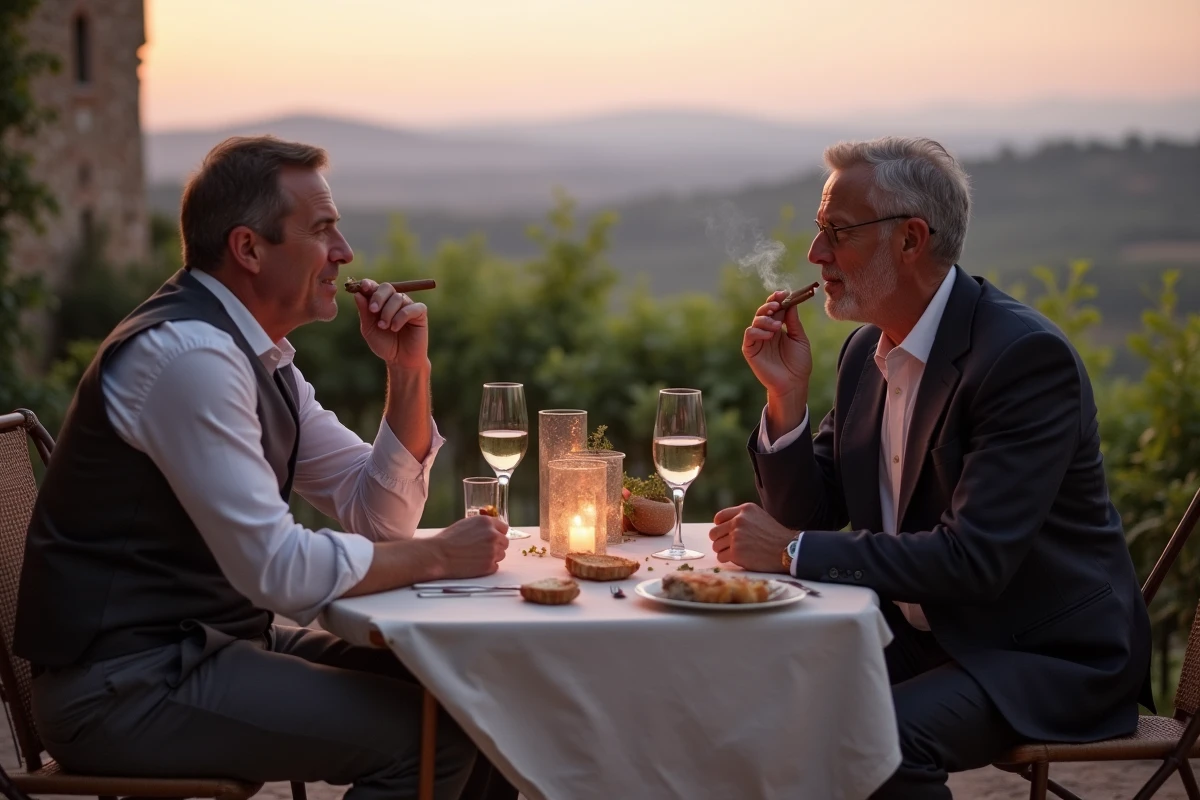 Deux hommes savourant un cigare en discussion sur une terrasse en pierre après un dîner en plein air dans un domaine viticole