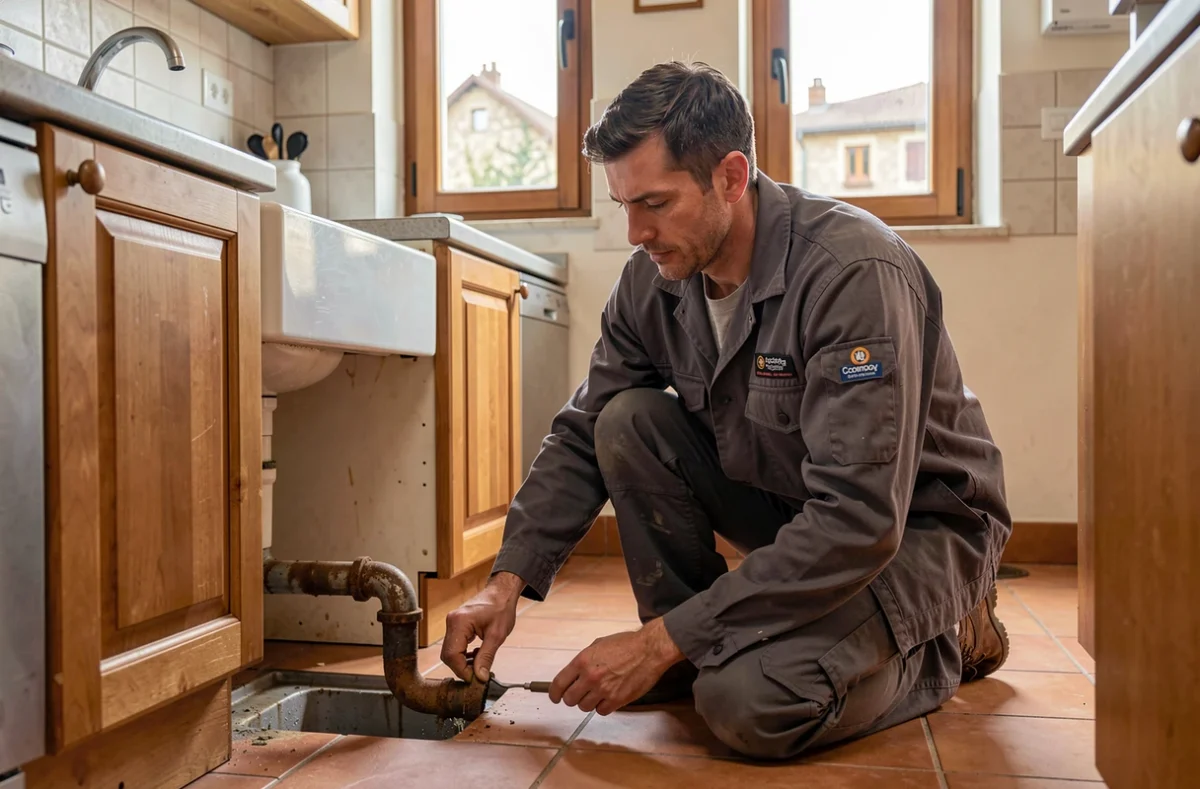 Technicien DG Plomberie réparant une canalisation sous un évier de cuisine en Côte-d'Or