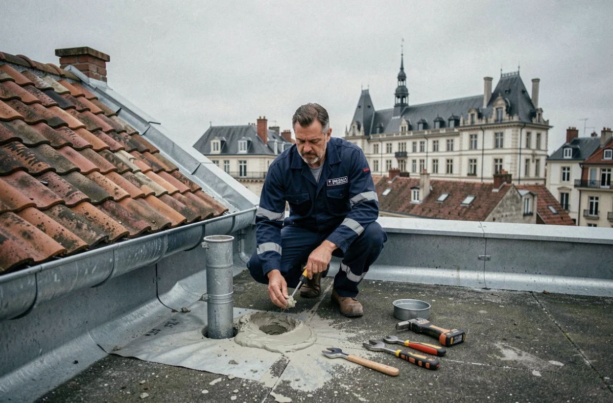 Plombier Dijon Plomberie scellant un passage de tuyau sur une toiture dans le centre de Dijon