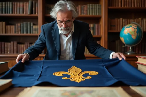 Historien examinant un drapeau des rois de France avec fleurs de lys dorées sur tissu bleu dans une bibliothèque ancienne