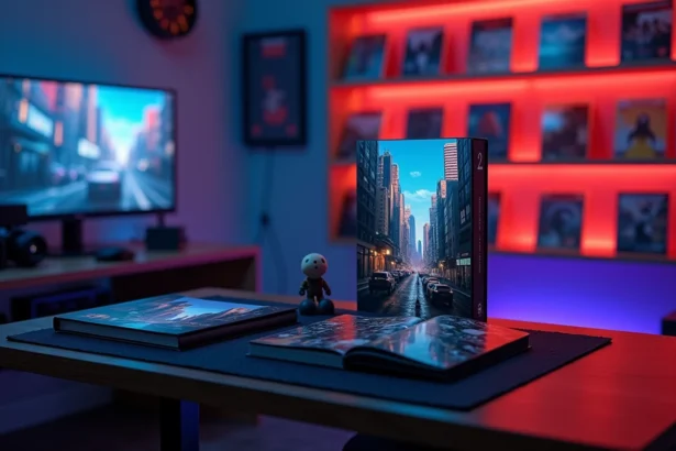 Édition collector de GTA 6 avec steelbook, artbook et figurine sur un bureau en bois foncé dans une salle de gaming