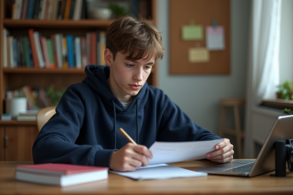 Jeune élève français regarde son bulletin scolaire