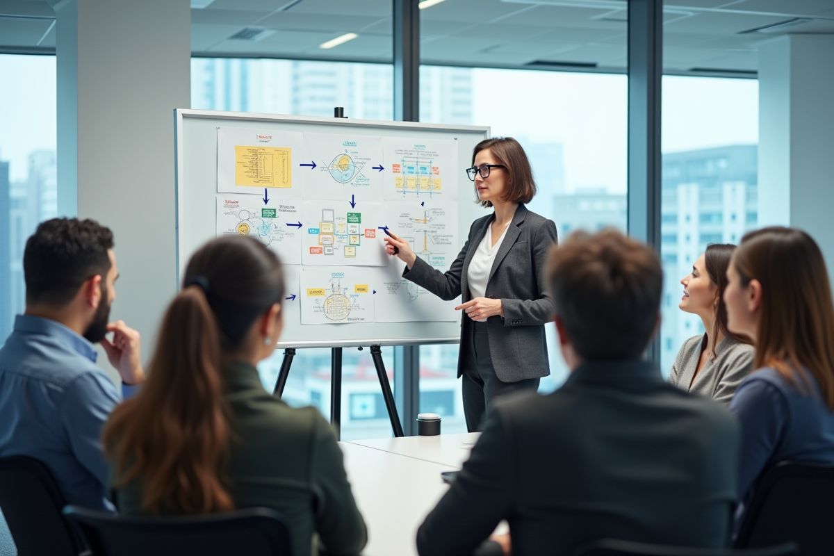 Femme expliquant la computation quantique à un groupe