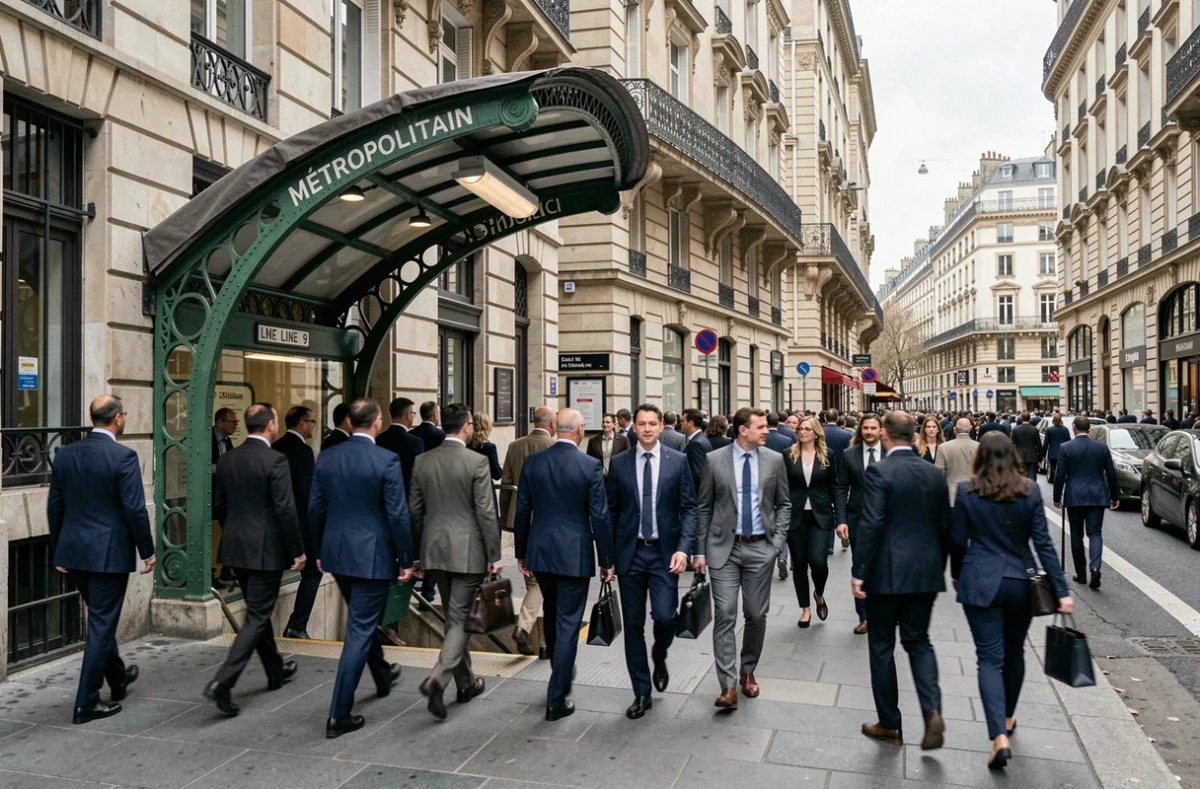 Entrée animée du métro parisien ligne 9 avec des voyageurs en heure de pointe sous une arche Art Nouveau