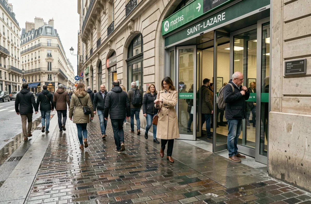 Entrée de la station Saint-Lazare ligne 14 avec des voyageurs pressés calculant leur temps de trajet porte-à-porte