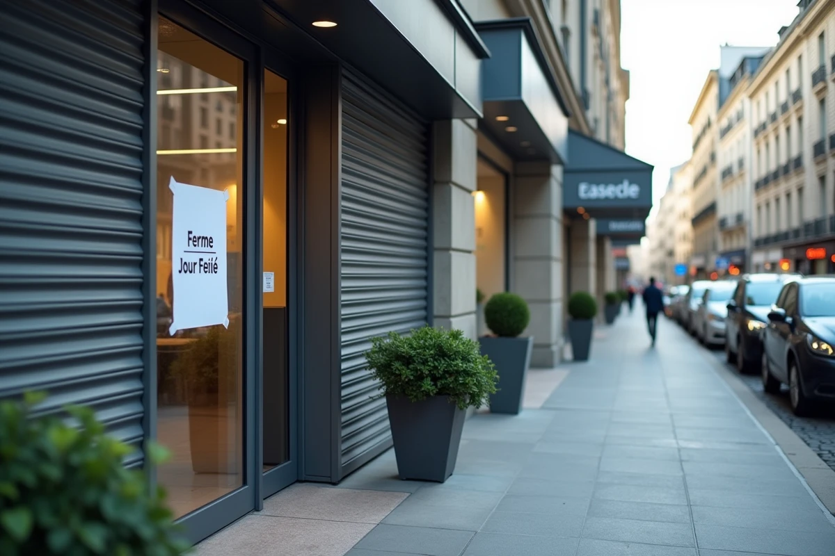 Entrée d'entreprise fermée avec affiche jour férié mai 2026 en France