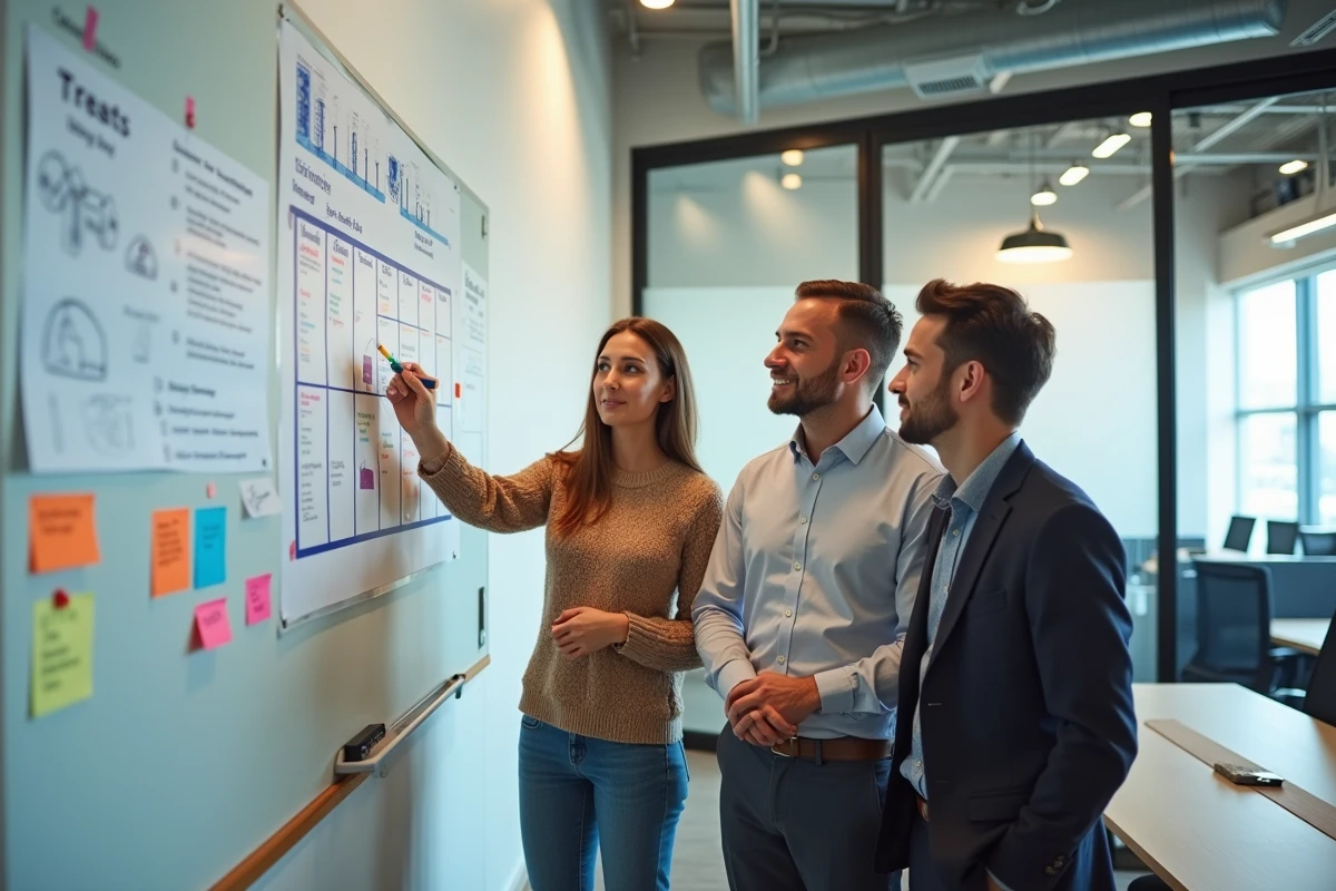 Équipe de professionnels en séance de brainstorming autour d'un tableau blanc avec des notes sur les journées mondiales et idées d'animations