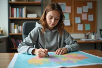 Étudiante annotant une carte des Länder allemands à son bureau pour mémoriser la géographie de l'Allemagne