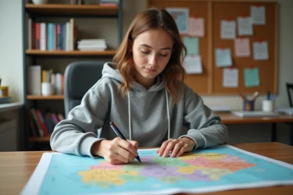Étudiante annotant une carte des Länder allemands à son bureau pour mémoriser la géographie de l'Allemagne