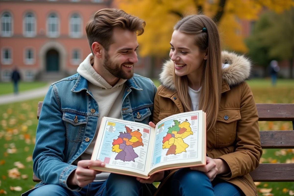 Deux étudiants révisant ensemble la carte des Länder allemands dans un manuel de géographie en plein air sur un campus universitaire