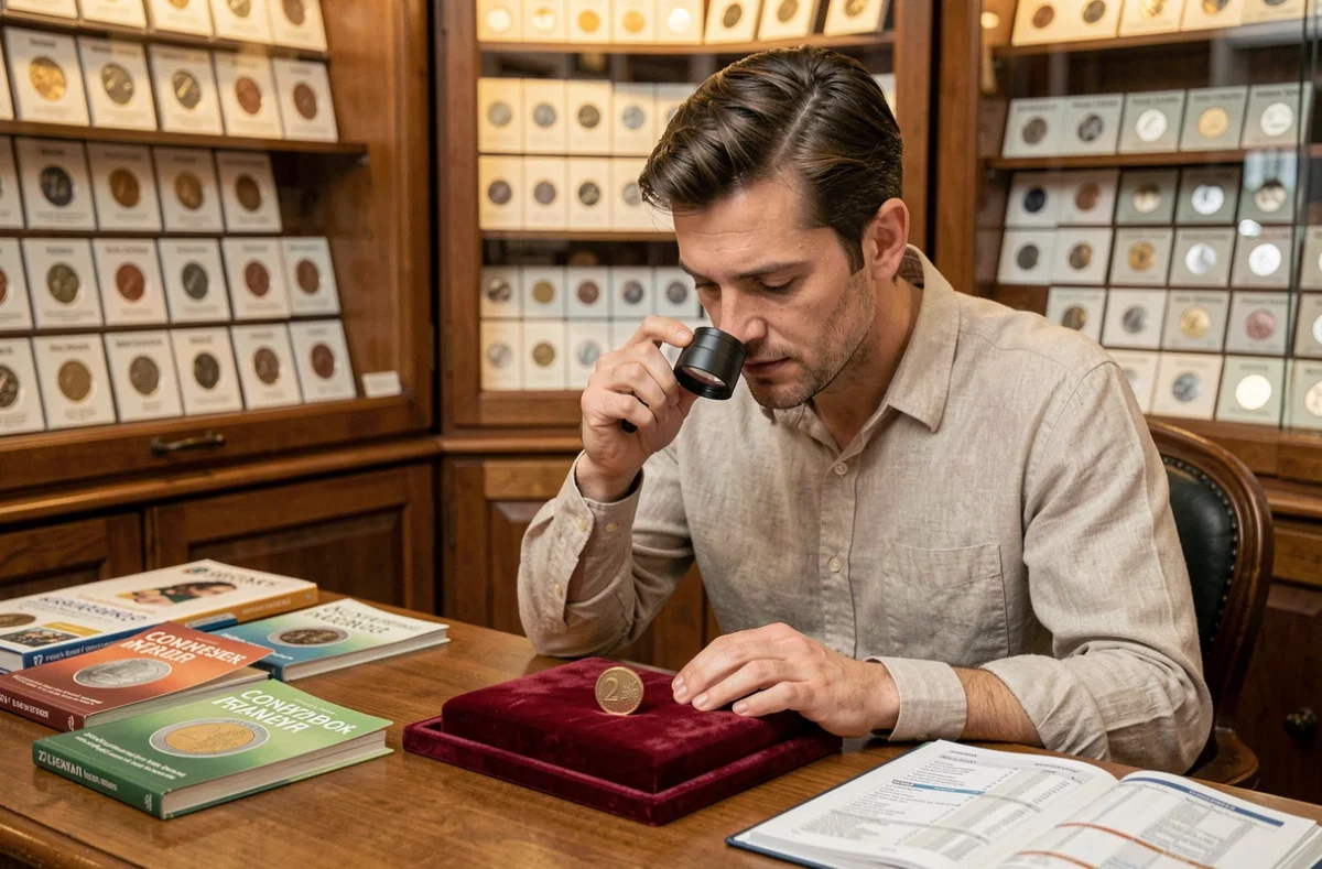 Homme expert en numismatique examinant une pièce de 2 euros rare avec une loupe de bijoutier dans une boutique spécialisée entourée de catalogues de cotes