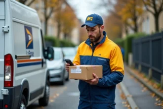 Facteur La Poste tenant un colis Colissimo devant un camion de livraison dans une rue résidentielle française le samedi matin