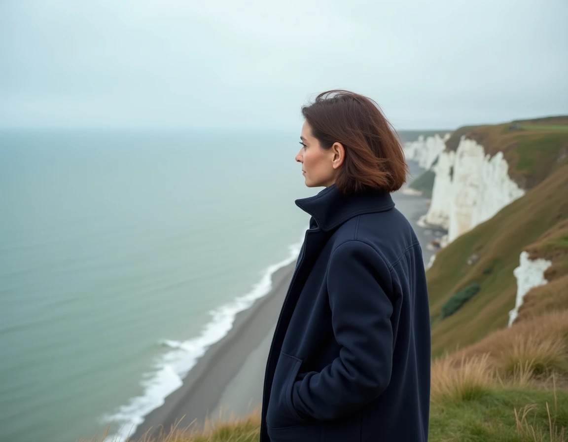 Femme debout au bord des falaises normandes contemplant la Manche, symbolisant l'immensité géographique de la Normandie