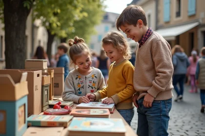 Famille souriante lors d'un vide grenier en village