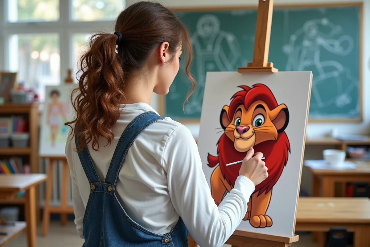 Femme artiste finalisant un fan art coloré de la hyène Ed du Roi Lion sur un chevalet dans une salle de cours d'art