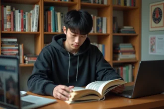 Jeune fan de manga lisant un volume japonais à son bureau avec des étagères remplies de mangas en arrière-plan