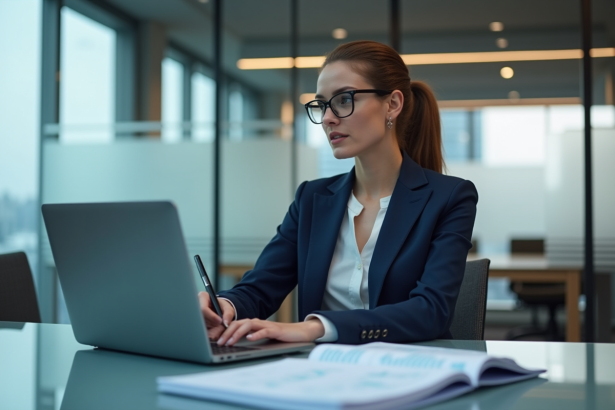 Femme d affaires en costume analysant des graphiques numériques
