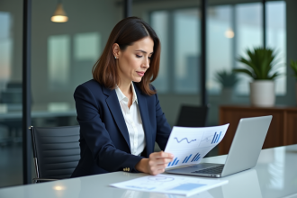 Femme d'affaires en bureau moderne avec graphiques financiers