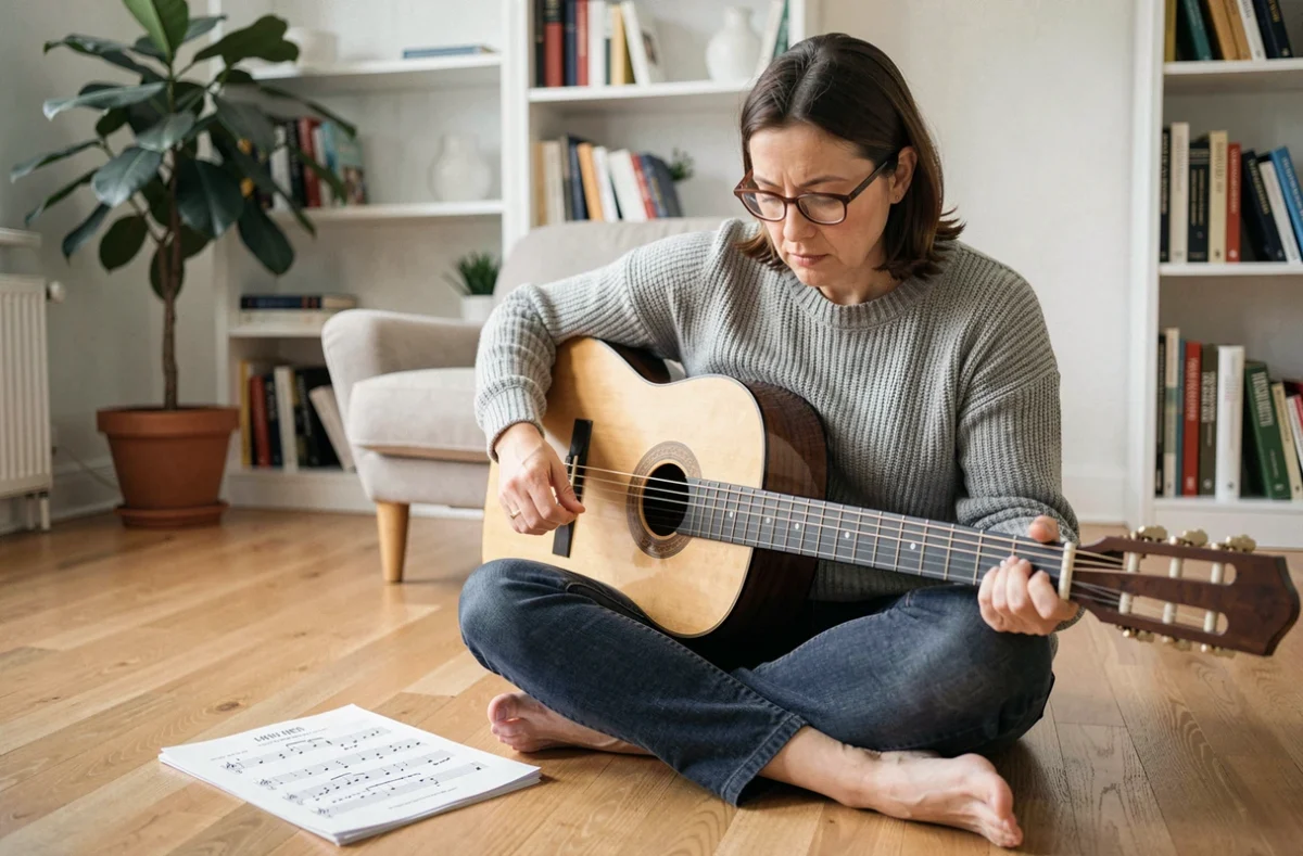 Femme adulte apprenant les accords de guitare de Mistral Gagnant avec une fiche d'accords posée sur le sol