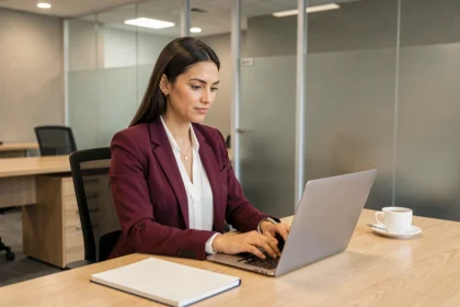 Femme professionnelle en blazer bordeaux tapant un e-mail en anglais sur un ordinateur portable dans un bureau moderne