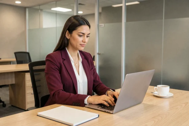 Femme professionnelle en blazer bordeaux tapant un e-mail en anglais sur un ordinateur portable dans un bureau moderne