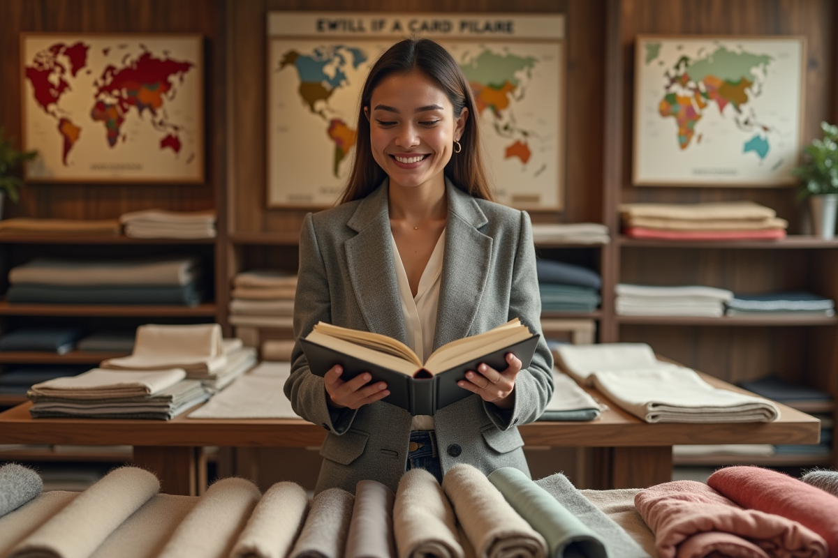 Jeune femme comparant des échantillons de tissus dans une boutique