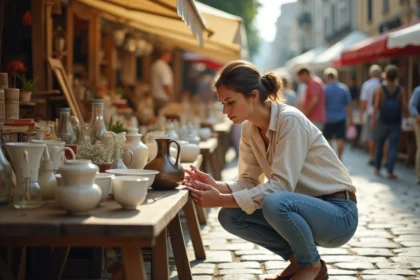 Femme inspectant un vase vintage sur un étal de braderie en plein air le week-end