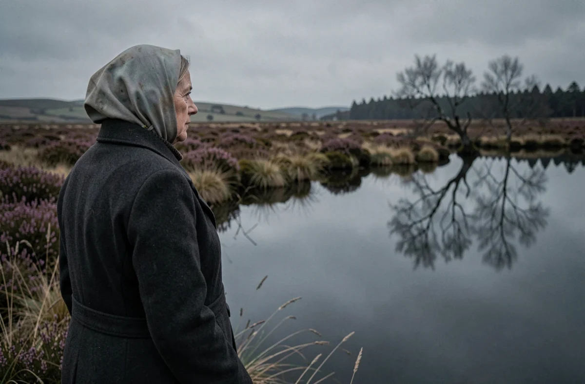 Femme bretonne en manteau de laine contemplant un marais sur la lande, atmosphère mystérieuse liée aux croyances sur les Korrigans