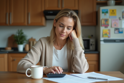 Femme d'âge moyen examinant ses finances à la maison