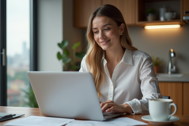 Jeune femme au bureau dans une cuisine moderne