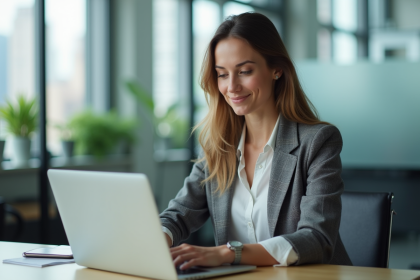 Femme confiante travaillant sur son ordinateur dans un bureau moderne