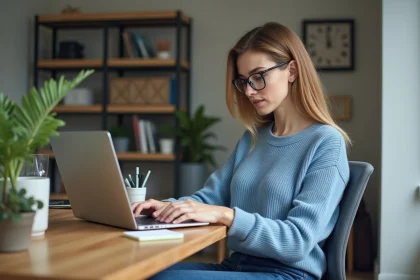 Femme concentrée travaillant sur son ordinateur dans un bureau à domicile