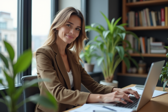 Femme en blazer travaillant sur son ordinateur dans un appartement lumineux