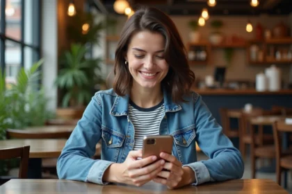 Femme souriante en café utilisant une app de rencontre