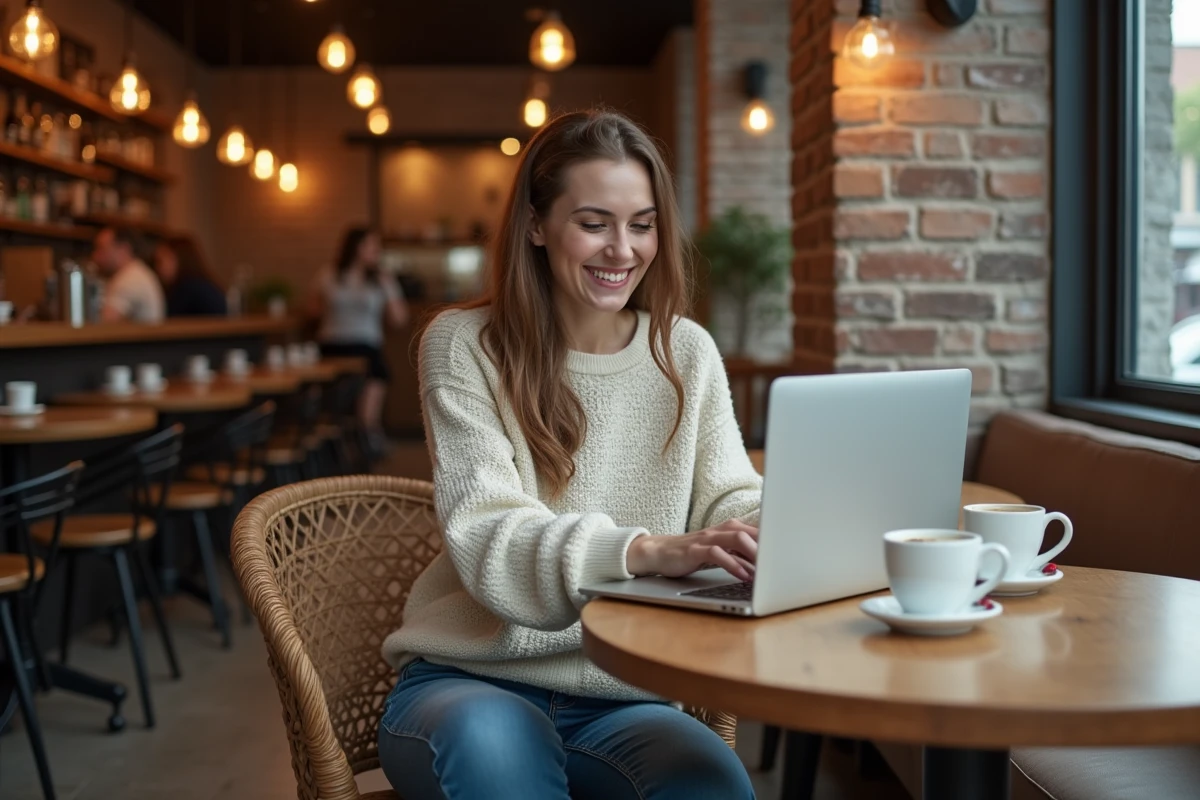Femme assise au café utilisant un ordinateur portable avec un sourire naturel