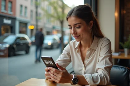 Femme surprise regardant son téléphone à 18h18 dans un café
