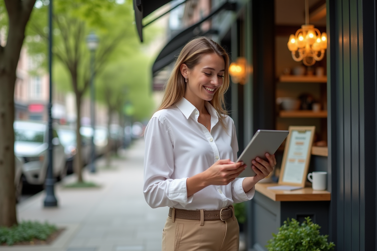 Jeune femme souriante devant un café en plein air