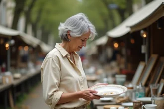Femme examinant une assiette ancienne sur un stand de vide-grenier en Morbihan lors d'un marché de village breton