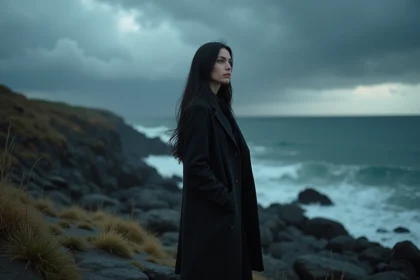 Femme en manteau noir sur une falaise orageuse