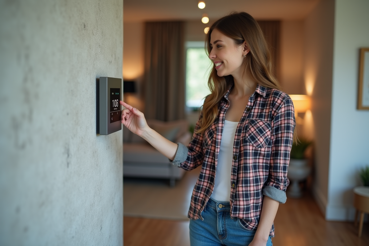 Jeune femme utilisant un thermostat numérique dans une maison moderne