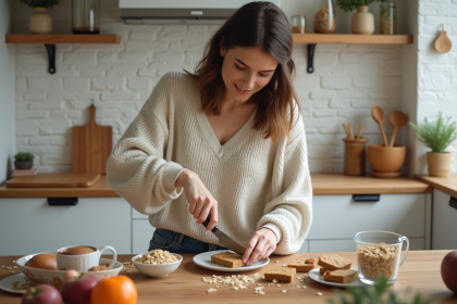 Jeune femme coupe des barres de céréales maison dans la cuisine