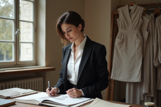 Femme créative en studio avec croquis et tissus