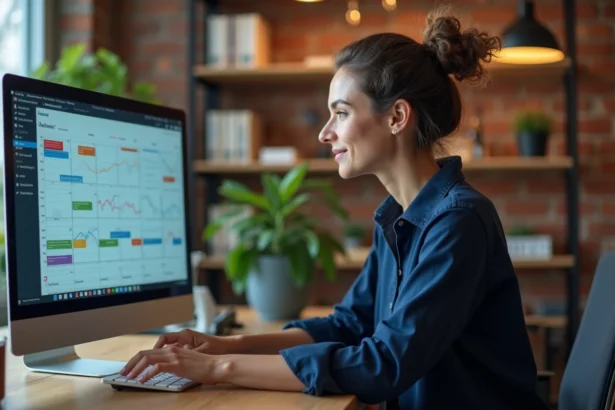 Femme consultant des visualisations de données sur un écran d'ordinateur dans un bureau moderne pour planifier des animations autour des journées mondiales