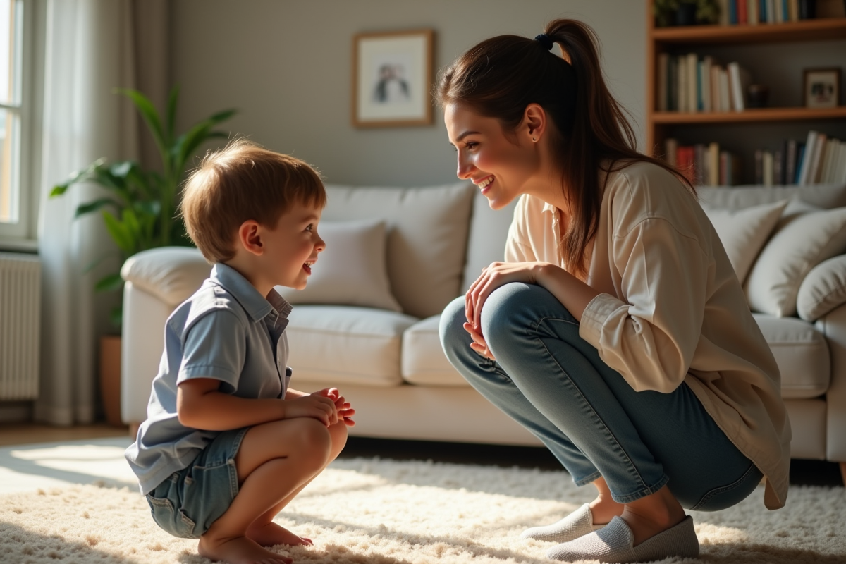 Femme parlant avec un garçon dans un salon chaleureux