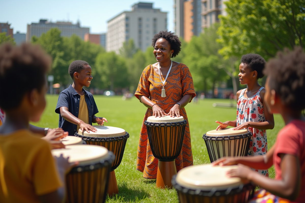 Femme africaine enseignant aux enfants avec des djembes dans un parc