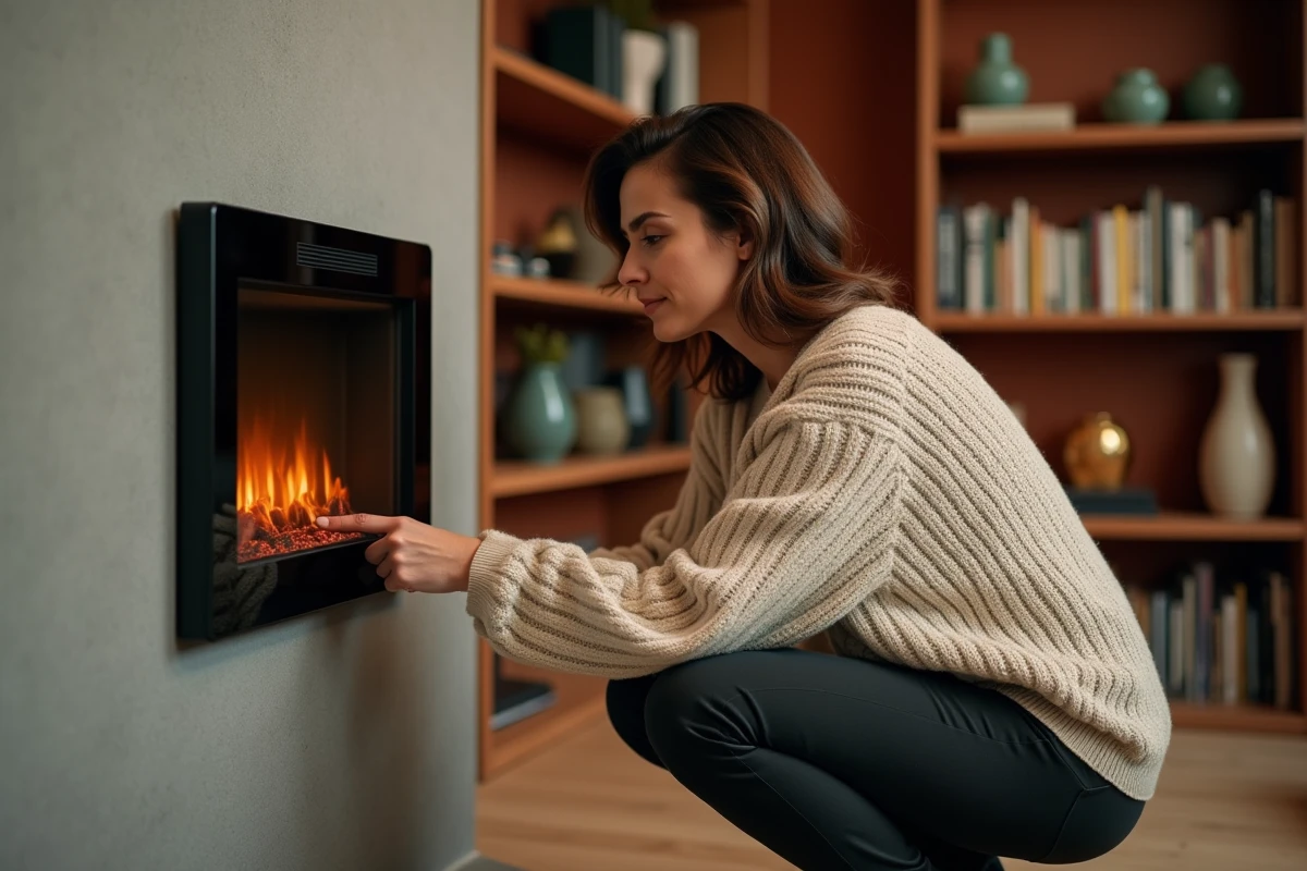 Femme réglant un foyer électrique mural à effet flamme réaliste dans un appartement moderne et chaleureux